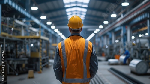 Rear view man professional Worker Wearing Safety Vest and Hard Hat. In the Background Big Warehouse with Shelves full of Delivery Goods, generative ai