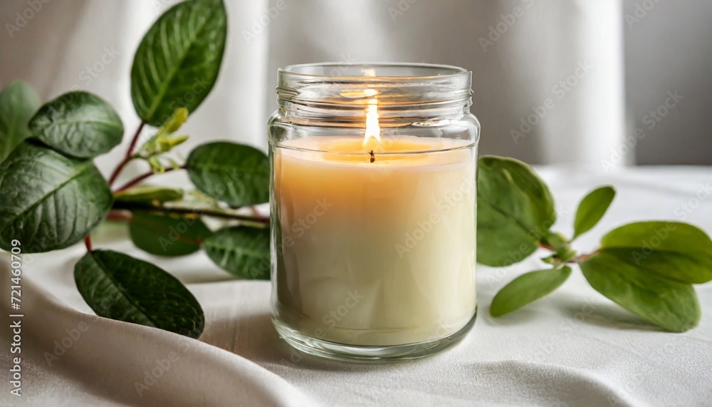 Burning soy candle in glass jar and green leaves of plant Burning soy candle in glass jar and green leaves of plant