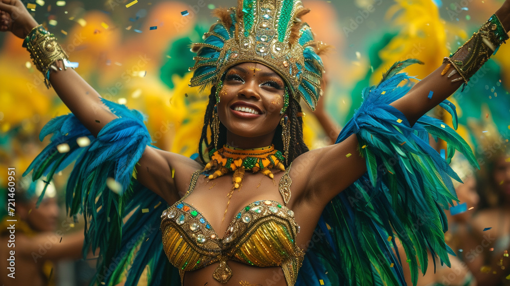 Mardi gras carnival. Happy brasil dancer wearing feather costume. - obrazy, fototapety, plakaty 