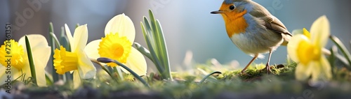 A curious robin exploring a garden filled with blooming daffodils, symbolizing the arrival of spring.