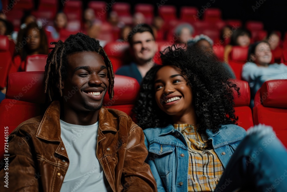 Mid-shot front view of young diverse couple having a good time while watching a film inside movie theater 