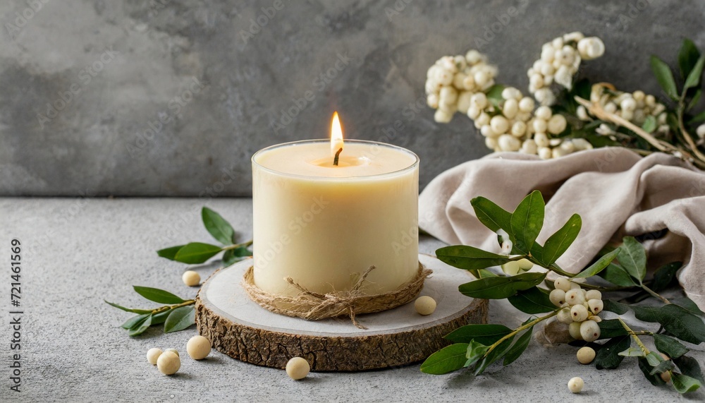 Burning soy candle and branch with green leaves and berries Burning soy candle and branch with green leaves and berries