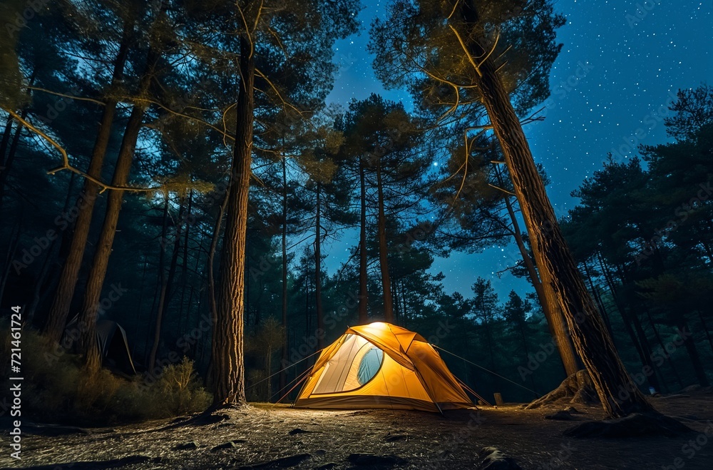 Nighttime Camping, A Tent Pitched in the Woods Under the Starry Sky