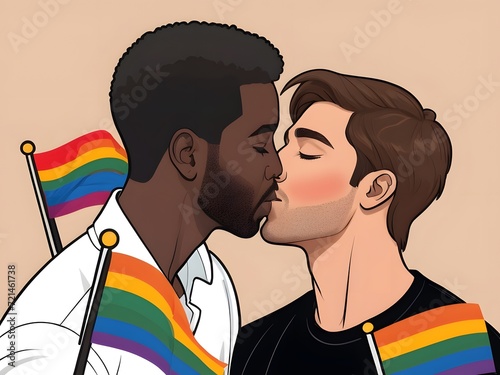 an African American man and a Caucasian man kiss, there are three small LGBT+I flags. AI photo