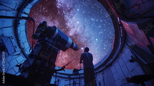 A dedicated scientist peering through a colossal telescope photo