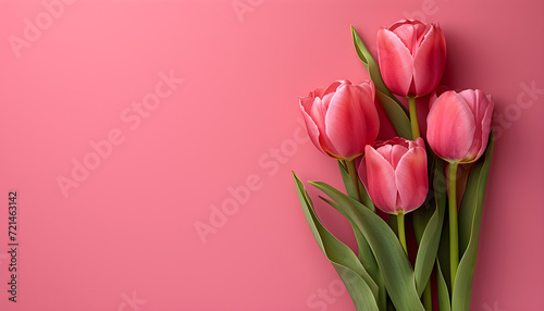 Empty clean pink background with fresh tulip flowers and copy space, perfect for springtime holidays greeting card template.