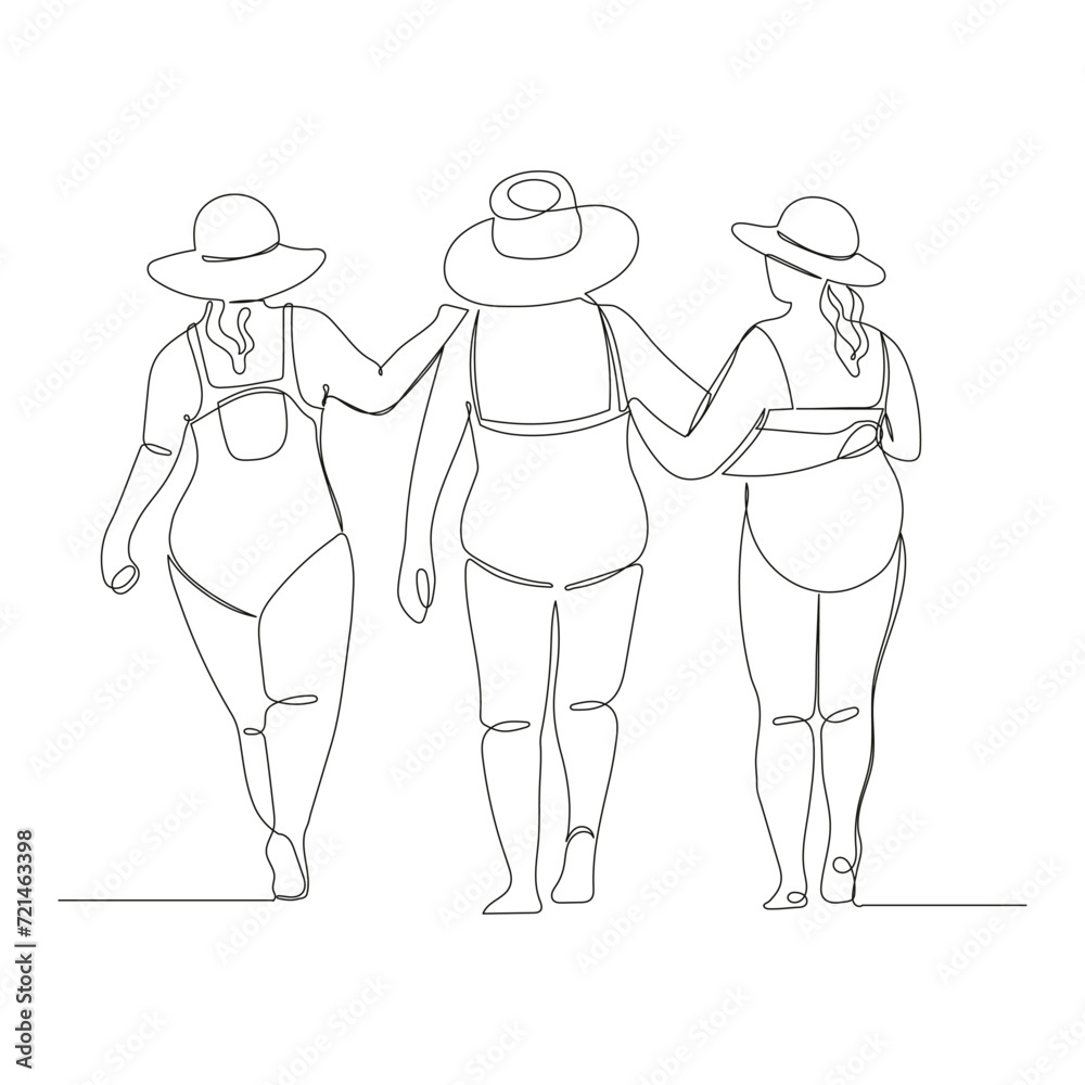 One line continuous drawing of three plus size women