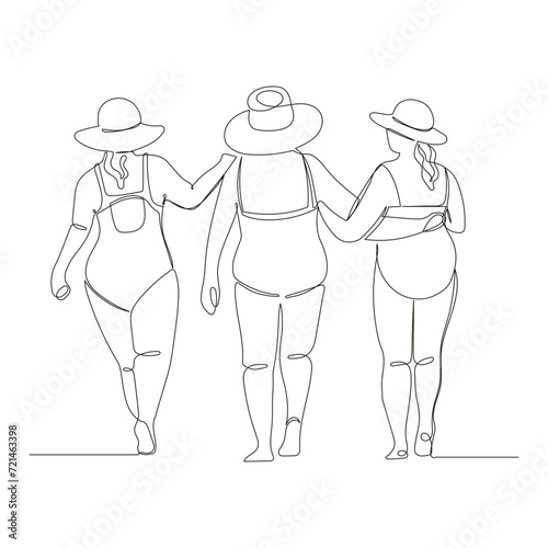 One line continuous drawing of three plus size women