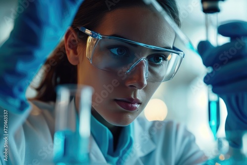 Selective focus shot of serious female scientist in lab coat and protective eyewear taking a sample of blue liquid from erlenmeyer with a pipette.