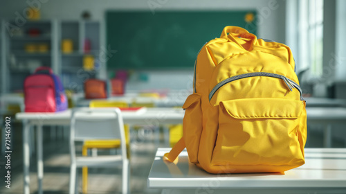 yellow backpack on a white desk in a classroom with a green chalkboard in the background