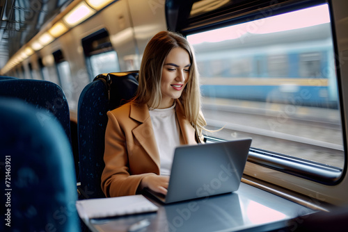 Businesswoman working on laptop on train while driving 