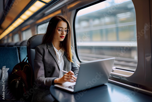 Businesswoman working on laptop on train while driving 