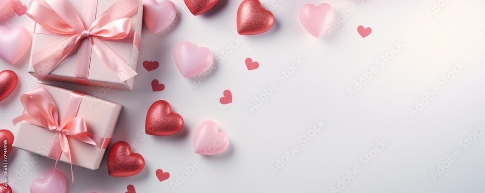 Romantic Valentine's Day gift. White background with gift and hearts. Generative AI.