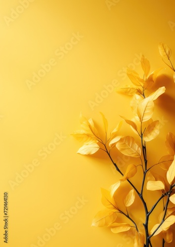 Yellow abstract background with leaf outlines. Generative AI. © Simona