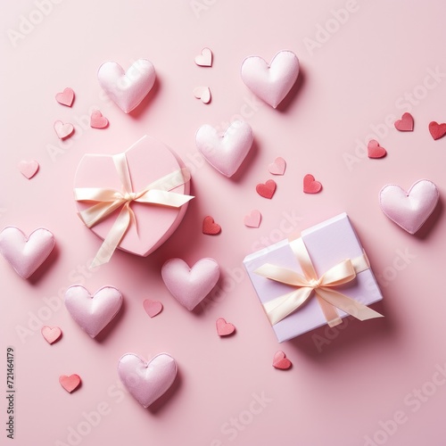 A romantic gift for Valentine's Day. Pink background with gift and hearts. Generative AI.