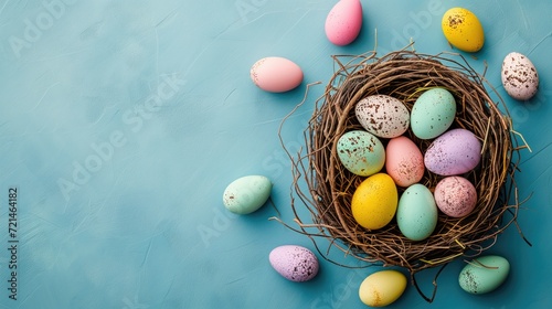 Easter holiday celebration banner greeting card with pastel painted eggs in bird nest on bright blue backround tabel texture. Top view, flat lay with copy space, generative ai
