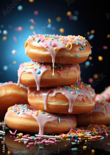 Tasty sweet donuts with sprinkles on a blue background. Generative AI.