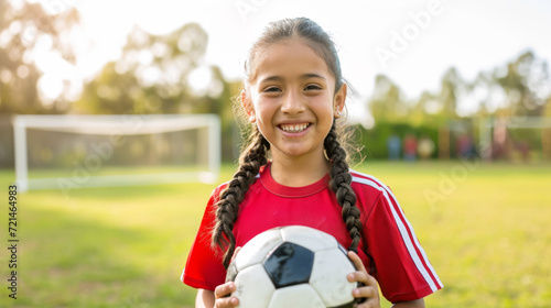happy young girl with braided hair, holding a soccer ball, wearing a red sports jersey, with a soccer goal in the background, likely on a playing field photo