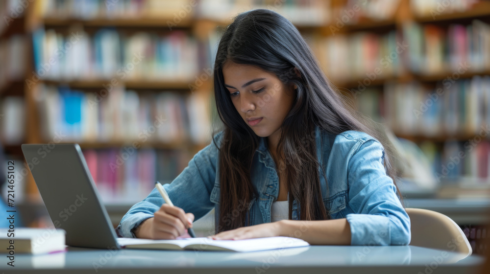 focused young woman studying in a library, writing notes from a laptop into a book focused young woman studying in a library, writing notes from a laptop into a book