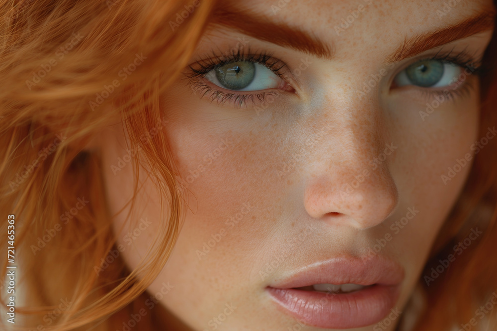 White skinned beautiful girl with red hair, green eyes and freckles as beauty concept. Selective focus White skinned beautiful girl with red hair, green eyes and freckles as beauty concept. Selective focus