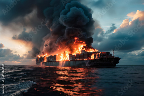 A container ship on fire at sea after an attack photo