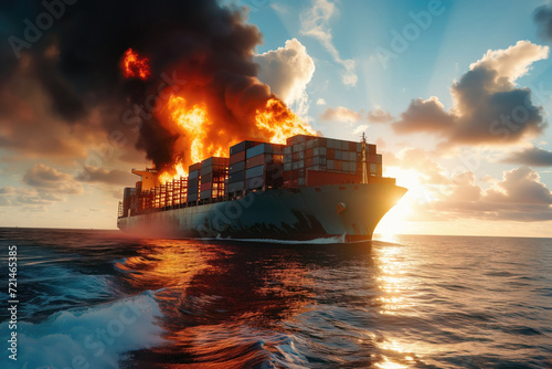 A container ship on fire at sea after an attack