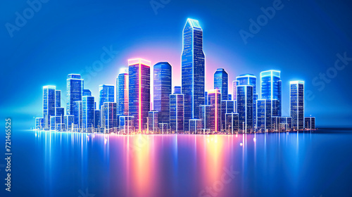 City Skyline at Night  Illuminated Skyscrapers Reflecting in the Water with a Neon Glow