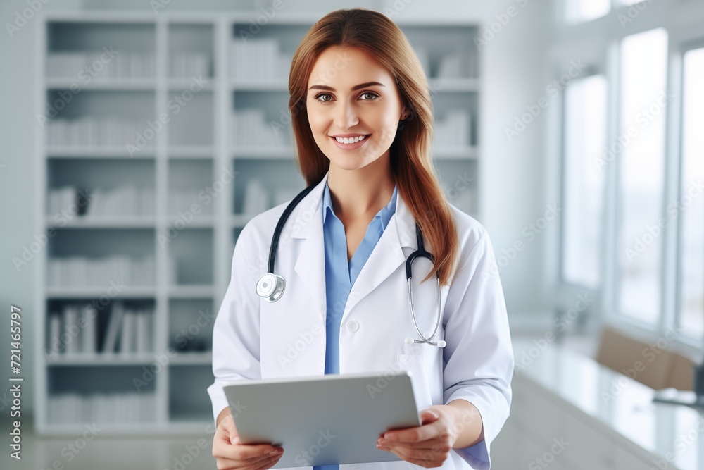 Smiling woman doctor standing with tablet pc in medical practice Smiling woman doctor standing with tablet pc in medical practice