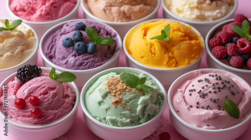 a set of bowls of beautifully colored ice cream