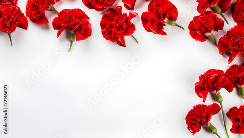 Red carnation flowers on white background. Copy space for message. Decoration for greeting card, invitation card, mother's day, father's day, valentine, birthday. Wallpaper, banner, template
