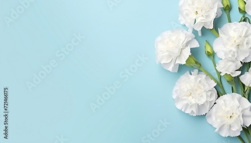 White carnation flowers on light blue background, wallpaper, banner, template. Decoration for greeting card, invitation card or mother's day, father's day, valentine, birthday. Copy space for message photo