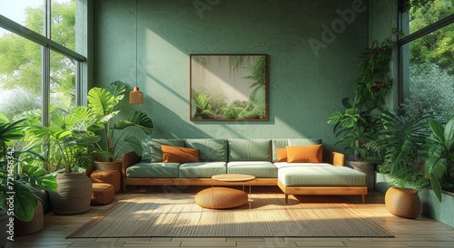 A cozy living room with a vibrant mix of houseplants, featuring a stylish studio couch and a charming flowerpot on the windowsill