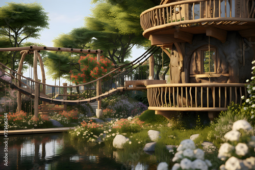 A backyard garden with a treehouse and rope bridge