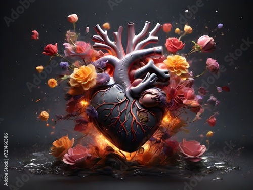 Concept art of a human heart exploding with creativity. Heart exploding with flowers, surrelaism abstract, abstrac human heart exploding creativity, generative ai, ai generative abstract concept art. photo