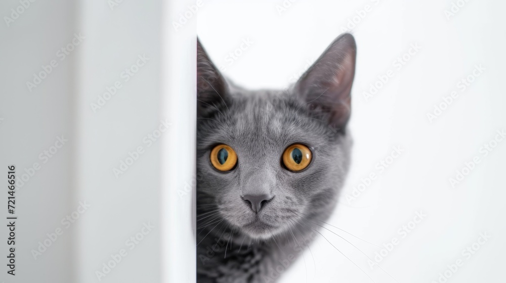 Russian blue cat peeking around corner 4