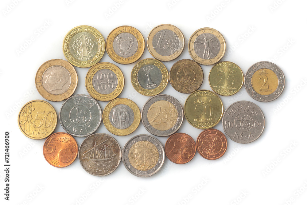 Mix of International Coins, Arab, European and Turkish, on White Background Mix of International Coins, Arab, European and Turkish, on White Background