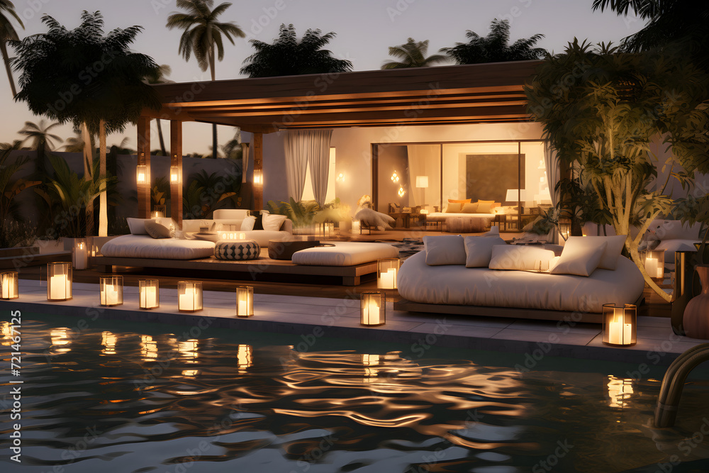 Fototapeta premium A backyard oasis with a pergola covered dining area