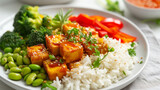 Tofu with rice and vegetables on white plate
