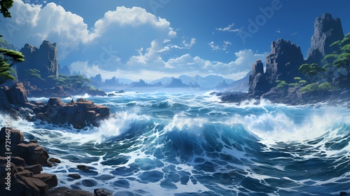 A mesmerizing shot of the cobalt blue ocean, with waves crashing against towering cliffs