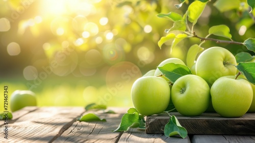 Delicious and fresh green apples on rustic wooden background with copy space. photo