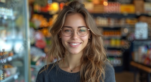 A joyful woman stands in an indoor retail store, her beaming smile radiating from behind stylish glasses as she poses for the camera amidst neatly arranged shelves of clothing