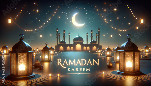 Ramadan Kareem celebration background illustration with Mosque, arabic lanterns and moon.