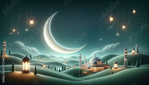 Ramadan Kareem celebration background illustration with Mosque, arabic lanterns and moon.