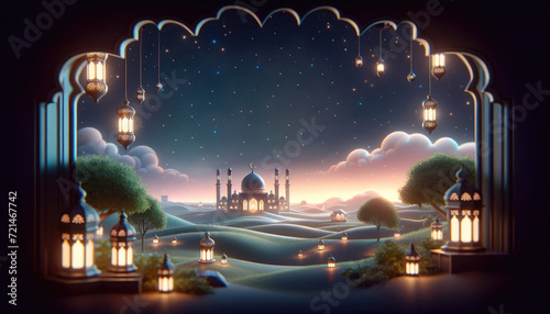 Ramadan Kareem celebration background illustration with Mosque, arabic lanterns and moon.