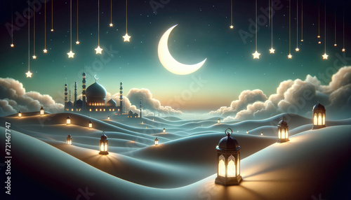 Ramadan Kareem celebration background illustration with Mosque, arabic lanterns and moon.