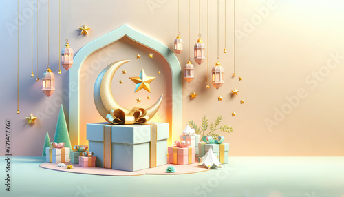 3D Ramadan Kareem celebration background illustration with a crescent moon, hanging lanterns, stars, clouds, and a beautifully wrapped gift.