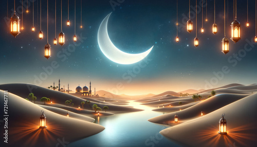 Ramadan Kareem celebration background illustration with Mosque, arabic lanterns and moon.