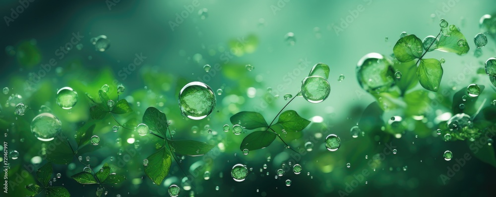 Green abstract background with water drops. Generative AI.
