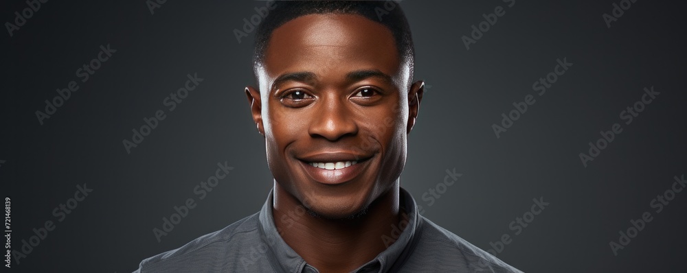 Obraz premium Smiling handsome dark-skin man on a dark background. Generative AI.