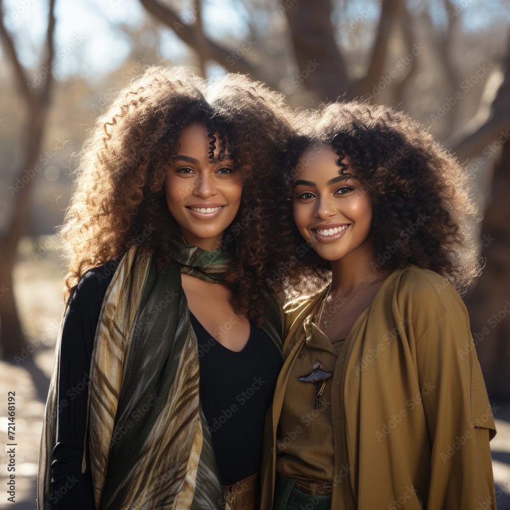 Smiling dark-skinned women next to each other in the park. Generative AI.